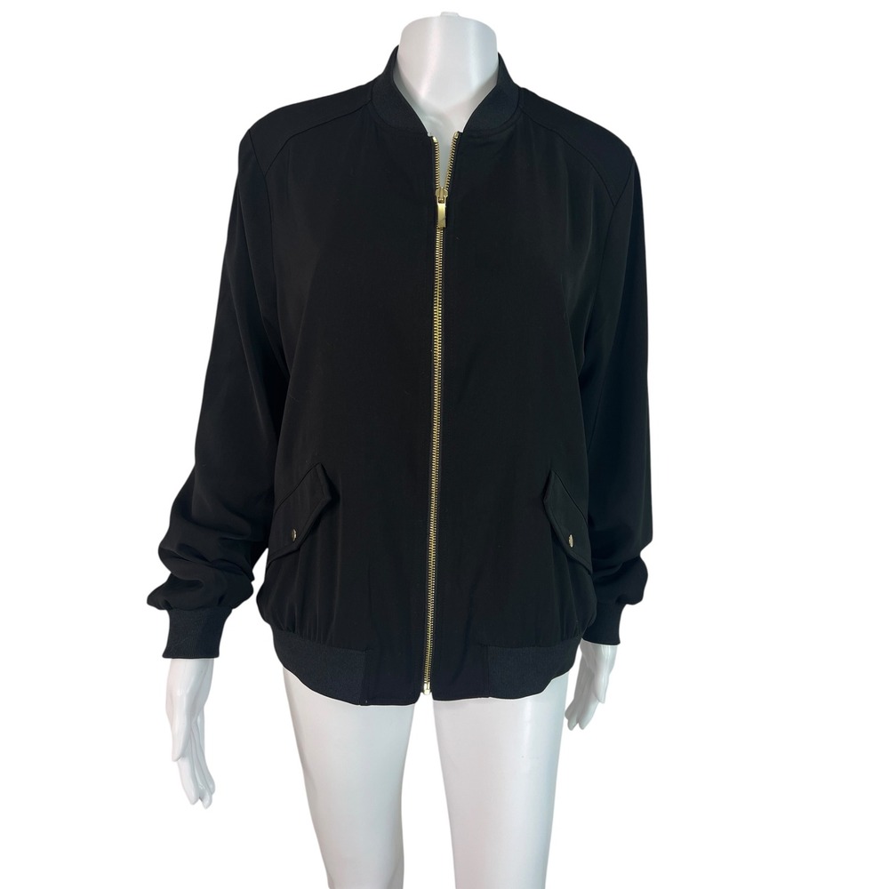 Susan Graver Black Bomber Jacket Gold Zip Houndstooth Floral Lining Chic Size M